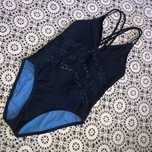 NWOT Blue lace strappy back one piece swimsuit